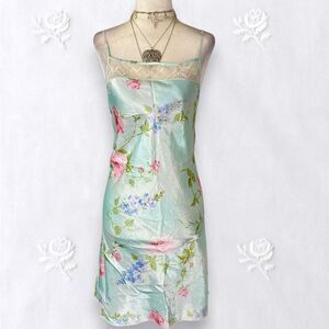 Delicates Early 2000's Coquette Fairy Teal Blue Satin Mini Lingerie Slip Dress L
